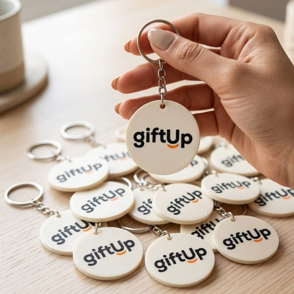 Chaveiros redondos com logo giftUp espalhados sobre uma mesa de madeira, um deles segurado entre os dedos